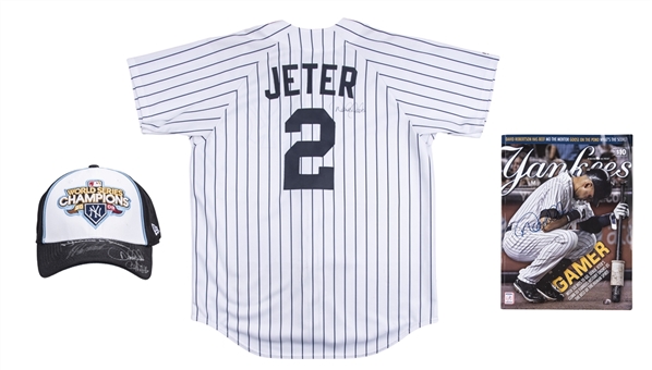 Lot of (3) Derek Jeter Signed Items Including New York Yankees Jersey, Magazine and 2009 World Series Champions Hat Signed by the "Core Four" (JSA Auction LOA)